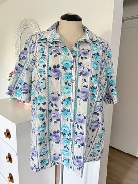 Plus Size Floral Button-Up Shirt in Light Blue & Lavender - Tapestry